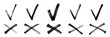 © backup16 - Check and cross marks set. Grunge checklist signs brush stroke elements in black ink on white background. Hand drawn rough symbols for approval and rejection. Graphic minimalistic vector illustration.