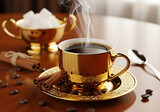 Aromatic coffee in golden cup with cinnamon sticks, sugar cubes, and coffee beans on wooden table, hot beverage, caffeine, morning drink