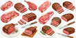 © studio - An assortment of raw and grilled beef steaks, including ribeye and sirloin cuts, some sliced on plates or cutting boards with knives and herbs.