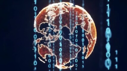 Orange Earth Globe Surrounded by Cascading Blue Binary Code on Black