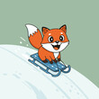 © bima - A joyful cartoon fox zooms downhill on a blue sled, snow flying behind as it grins with excitement, capturing the thrill of a playful winter ride.