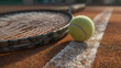 © AgungKY - Tennis close-up showing racket, ball on clay court, competition game sports