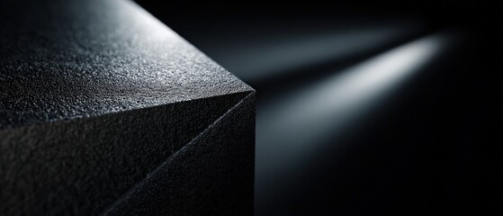 Wall Mural - abstract black cube with textured surface illuminated by a bright light beam in a dark studio concep