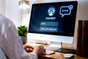 office worker typing on a computer keyboard interacting with a chatbot on a computer screen, providi