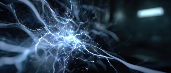 Wall Mural - abstract blue energy discharge with glowing plasma filaments on dark background concept of science, 