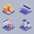© Joko - Isometric financial icons depicting money, credit cards, graph, and building symbolize business and investment