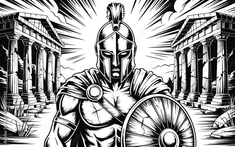 Spartan warrior with shield in front of ancient Greek temple Stock ...