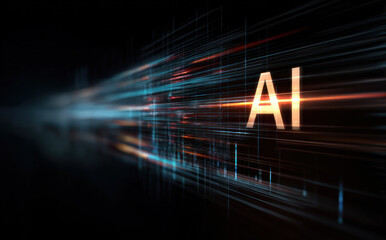 Showcases advanced AI concept with dynamic light trails representing modern technological advancements and digital innovation.