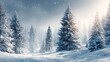 © AYESKIA - Snowcovered pine trees stand in a forest under a light snowy sky