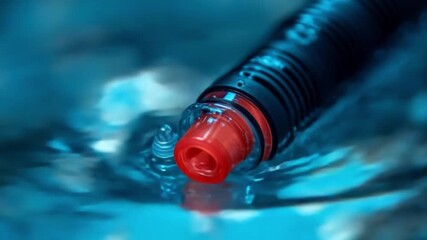 Wall Mural - This footage showcases a pen cap partially submerged in water. Its vibrant colors against tranquil blue create a unique aesthetic. Perfect for creative and artistic projects. Generative AI