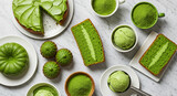 Assorted matcha desserts including cake, ice cream, and muffins