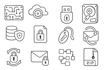 Wall Mural - Security, technology linear icon set. protection and data privacy linear style icons