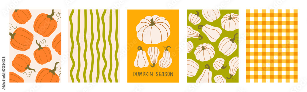 Set of autumn colorful greeting cards with pumpkins. Cute vertical fall ...