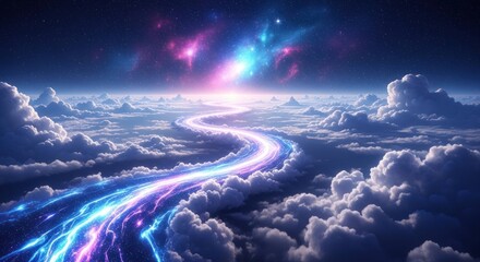 Wall Mural - Celestial river of light flows through clouds toward a bright cosmic portal