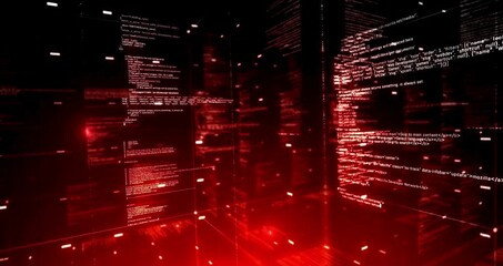 Immersive digital environment with glowing red lines of computer code and data streams.