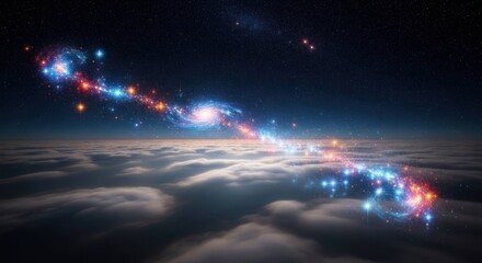 Wall Mural - Cosmic bridge connects galaxies above clouds, stars in the background