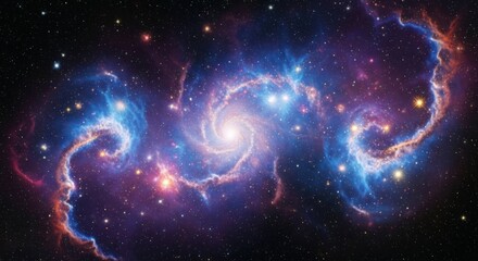 Wall Mural - Glowing spiral galaxy with wisps of blue, orange, and purple nebula