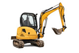 Compact excavator, isolated on background, shows its versatile capabilities and equipped with excavator boom, ready for various construction tasks and rentals.