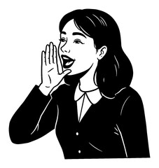 Wall Mural - happy woman shouting with hand near mouth black and white outline line art drawing call announce