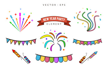 A collection of New Year's party elements such as flying firecrackers, exploding confetti, and hand-drawn pennant flags