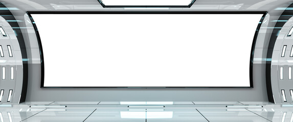 Wall Mural - White spaceship with isolated cut out transparent window. Futuristic bright glossy interior with glowing lights