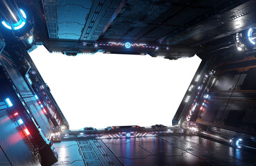 Wall Mural - Metallic spaceship interior with isolated cut out transparent window. Glossy starship corridor with blue and pink glowing lights. 3D rendering