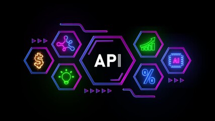 Neon Hexagons With API Icons And Text application programming interface