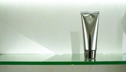 Silver Aluminum Toothpaste Tube Mockup on Glass Shelf