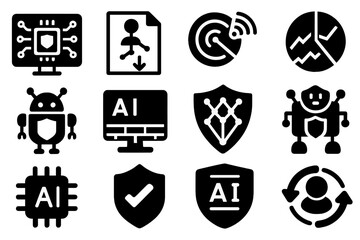 Wall Mural - Technology and ai silhouette icon set: futuristic, robot, network, security