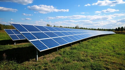 Solar panels array on grassy field under partly cloudy sky