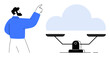 © robu_s - Man pointing at a balance scale and cloud, suggesting evaluation and choice. Ideal for decision-making, technology, cloud computing, equality, balance, priorities sustainability. Clean and simple