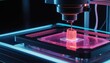 © saxti - Close-up of a 3D printer depositing material to create a translucent object, illuminated by vibrant neon lights.