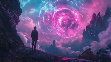 Wall Mural - A lone man stands on a mountain peak, gazing up at a swirling, otherworldly orb in the sky, against a backdrop of fantastical rock formations and a vibrant, colorful sky.