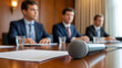 © freedarts - Close-up of a microphone in the foreground. Men in suits are sitting at the table, their faces are blurred.