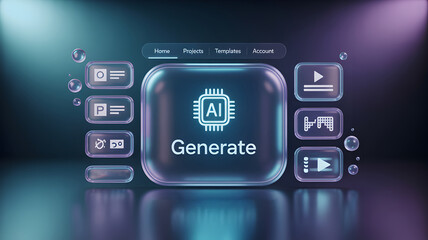 Futuristic AI interface for generating creative content with glowing digital elements