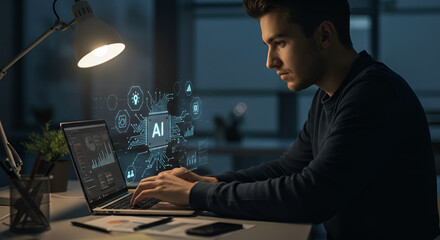 Young professional working on a laptop with AI technology illustration overlay