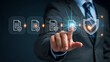 © REHENA - Businessman s finger touches digital interface showing document icons and a security shield with checkmark
