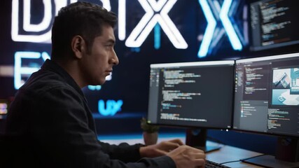 Focused Asian programmer coding on computer with dual monitors, technology and software development concept, indoor.