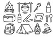 © Влада Яковенко - Camping Essentials Doodle. Hand-drawn doodle illustration Camping meals campfire, cooking pot, marshmallow on stick, cooler, water