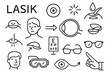 © Влада Яковенко - LASIK Procedure Doodles. Hand-drawn doodle illustration LASIK and cornea cornea, laser icon, eye cross-section, flap symbol, light