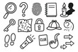 © Влада Яковенко - Mystery Clue Icons. Hand-drawn doodle illustration mystery clue magnifying glass, question mark, fingerprint, notebook, candle,