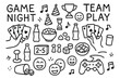 © Svitlana - Game Night Doodles. Hand-drawn doodle illustration game night team play hands holding cards, dice cup, game tokens, snacks bowl,