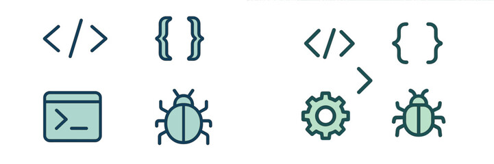 Software development icons for coding, debugging, and system gears