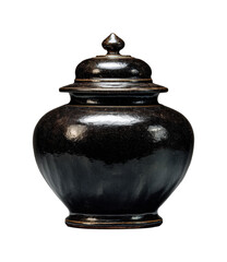 Ancient black pottery vessel displayed in museum historic collection isolated on transparent background, png