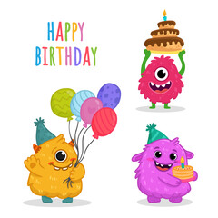 Wall Mural - set of Cute monsters isolated on white background for magazines, birthday cards. Alien, cartoon character. Monster with balloons and cake in flat style. Vector illustra