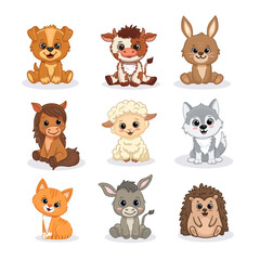 Wall Mural - Set of cartoon cute animals including puppy, dog, donkey, horse, lumb, sheep, cow and frog, mouse, squirrel cat, kitten, horse. Funny animals for magazines, postcards, cards. Vector illustration