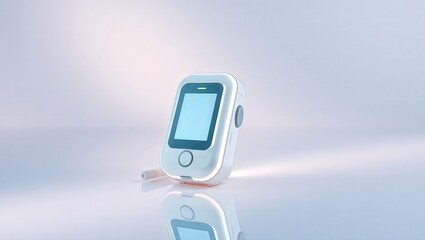 A white handheld device with a blue screen and a button sitting on a reflective white surface