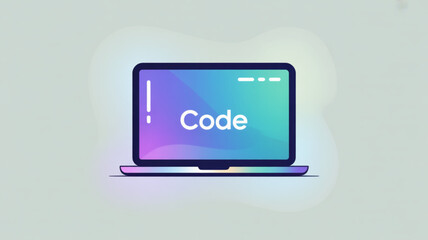 A laptop with the word code on the screen in a simple vector illustration for web development