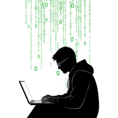 Silhouette of a person working on a laptop with binary code cascading down.