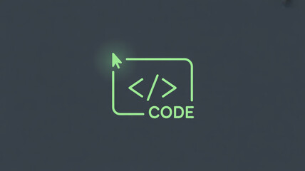 Illustration of a code symbol in a square with a cursor on a gray background, representing programming, software development, and technology